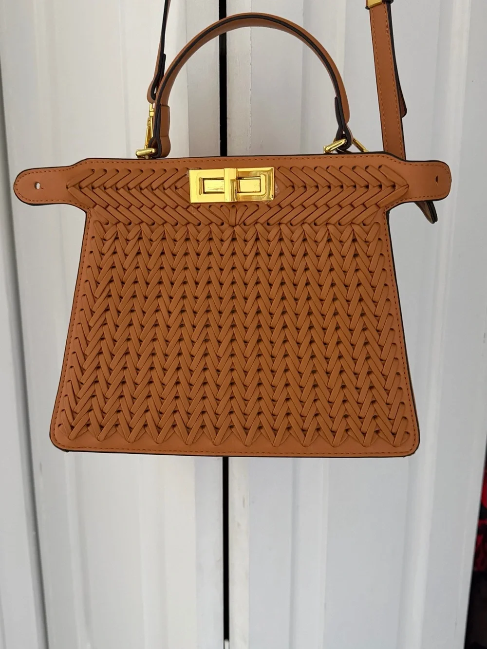 Verano Hill Woven Leather Satchel Handbag in Tan with Gold Hardware